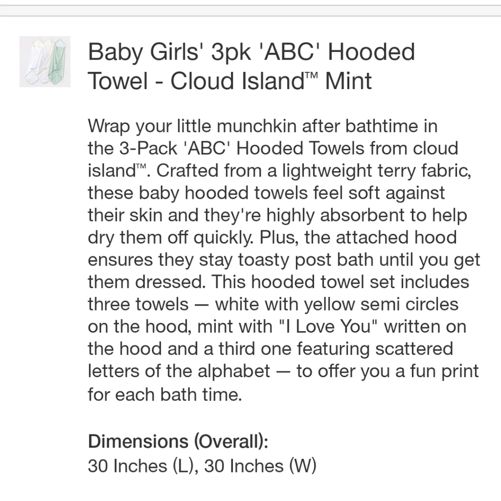 Cloud Island Baby Girls 3pk ABC Hooded Towels